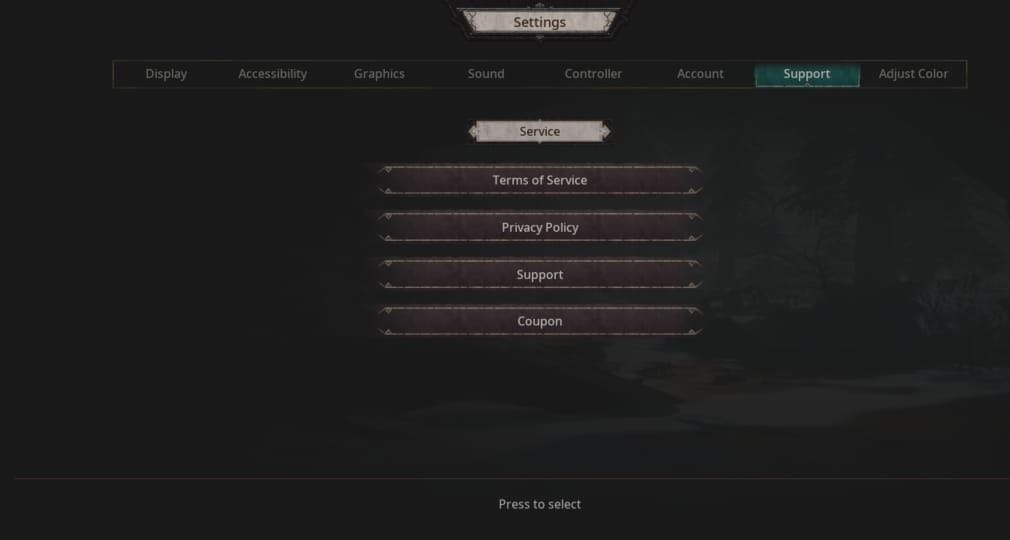 Undecember in game Support menu