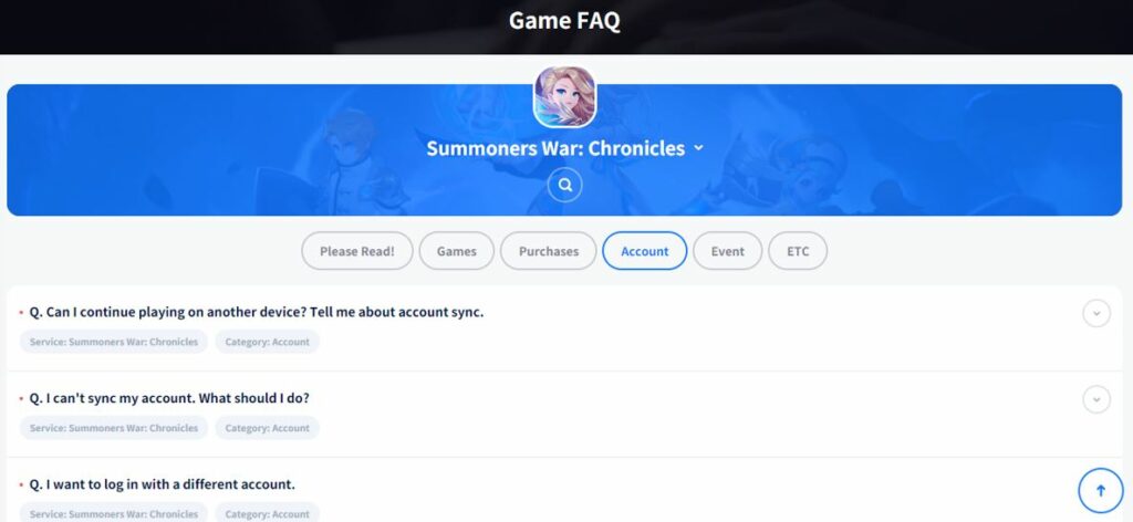 Summoners War Chronicles support website FAQ section